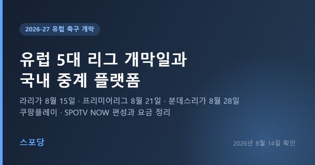 2026-27 유럽 5대 리그 개막일과 국내 중계 플랫폼 안내 이미지 — 라리가 8월 15일, 프리미어리그 8월 21일, 분데스리가 8월 28일