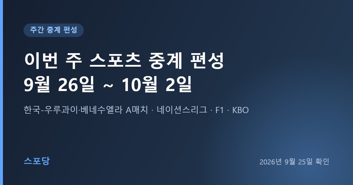 9월 26일부터 10월 2일까지 스포츠 중계 편성 안내 이미지. 한국-우루과이·베네수엘라 A매치, 네이션스리그, F1, KBO 표기